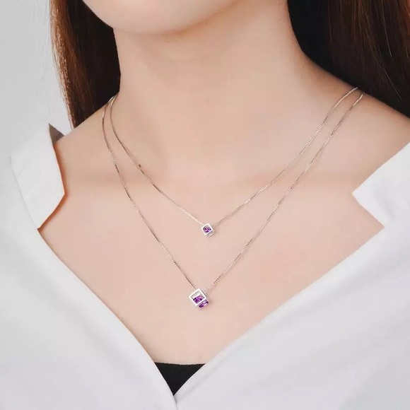 925 Sterling Silver double square Necklace - Picture 4 of 5